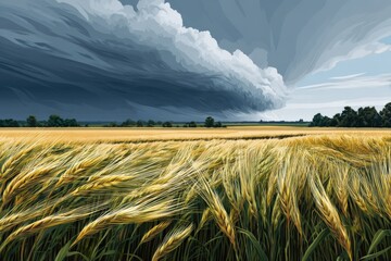 Dramatic landscape featuring golden wheat field under a stormy sky, with dark clouds rolling in, creating a striking contrast between nature's beauty and impending weather