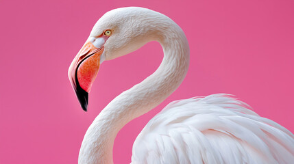 White flamingo against pink background.