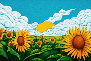 Vibrant illustration of sunflowers in a lush green field under a bright blue sky with fluffy clouds and a radiant sun, capturing the essence of summer beauty and nature's bounty