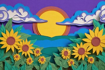 Colorful paper cutout illustration of sunflowers in a vibrant landscape with a bright sun and clouds, showcasing a cheerful and artistic nature scene