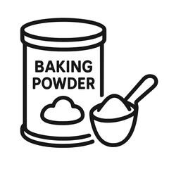 Outlined vector illustration of labeled baking powder container with scoop and powder on transparent background. Food concept