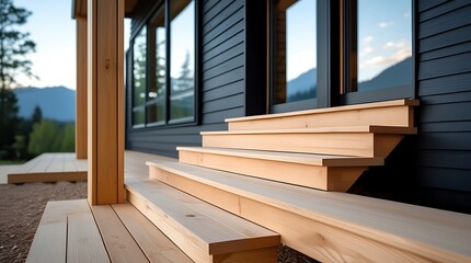 Fototapeta premium Modern wooden outdoor porch with wide steps leading to black contemporary house exterior, minimalist architectural design blending natural wood with scenic mountain background for real estate visuals