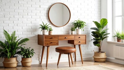 Modern vanity with plants, and white brick wall.