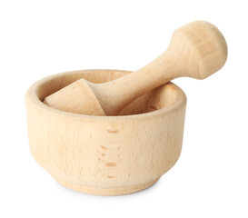 Wooden mortar with pestle isolated on white