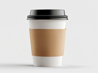 White paper coffee cup with black lid and brown sleeve