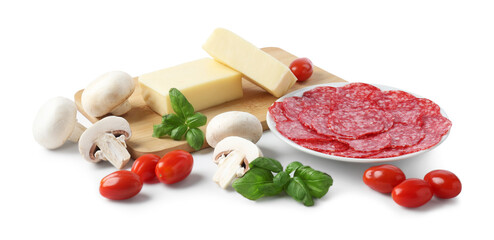 Making pizza. Different ingredients isolated on white
