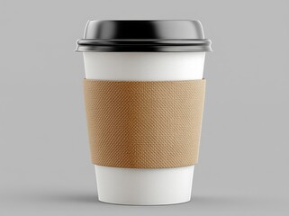 White paper coffee cup with black lid and brown sleeve