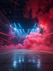 Fototapeta premium Bright stadium arena lights, Smoke bombs, empty dark scene, neon light, spotlights The concrete floor and studio room with smoke float up the interior texture, night view for display products