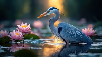 Naklejka premium Serene Heron in a Pond