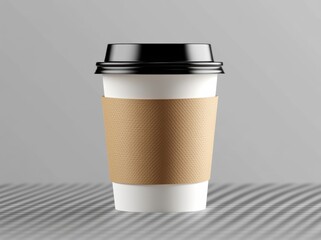 White paper coffee cup with black lid and brown sleeve