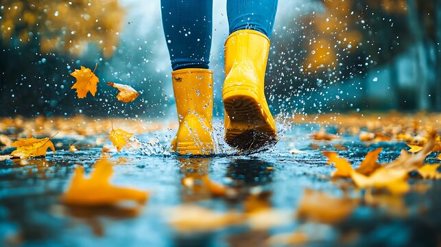 Yellow rain boots splashing in autumn puddle leaves fall weather joy