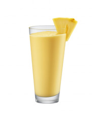 Tall glass of pineapple smoothie with pineapple wedges on transparent background