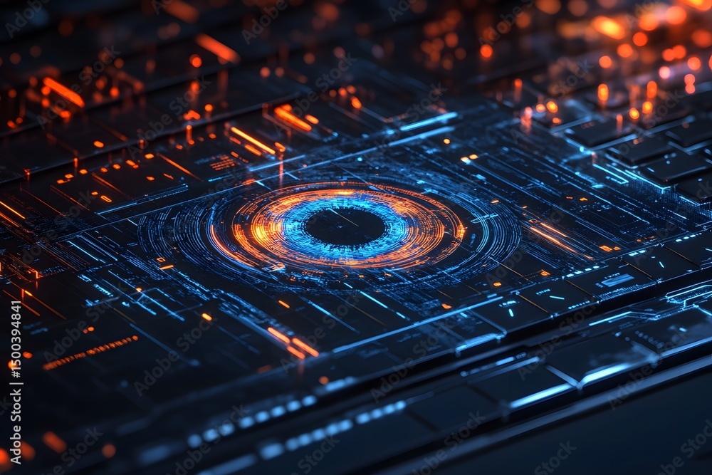 Poster futuristic digital security, interface with vibrant colors and patterns