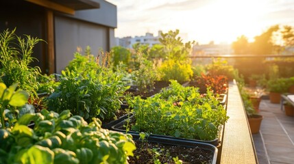 Eco-friendly rooftop community garden with edible plants and fragrant herbs growing under city sunshine