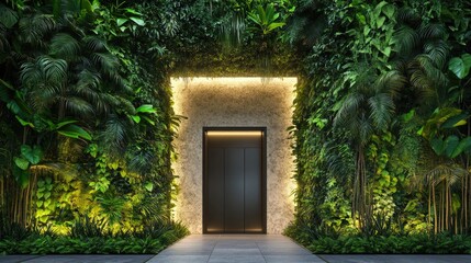 Eco-friendly tropical house entrance wrapped in a vertical garden of dense tropical foliage and bamboo wall elements