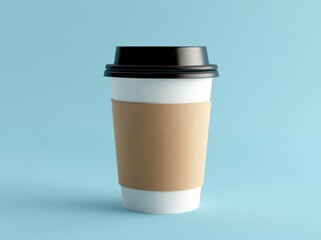 White paper coffee cup with black lid and brown sleeve