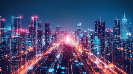 Fototapeta premium Futuristic cityscape with interconnected network visualization and glowing skyscrapers