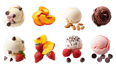A Variety Of Ice Cream Scoops With Different Toppings Including Chocolate Chips Almonds Strawberries Raspberries And Peach Slices Arranged On A Pink Background