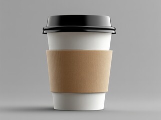 White paper coffee cup with black lid and brown sleeve