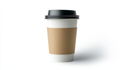 White paper coffee cup with black lid and brown sleeve