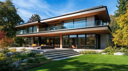 Elegant modern house with a large terrace, clean lines, and a bright blue sky above, surrounded by greenery