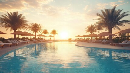 Elegant outdoor swimming pool at beachfront resort, lined with luxury chairs and umbrellas, framed by palm trees at sunrise