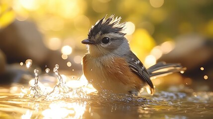 Small bird taking a bath in shallow water