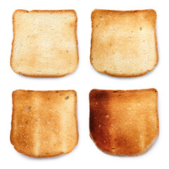 Bread slices in different degrees of toast on white background, collage