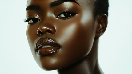 Elegant woman with smooth skin, natural makeup, and glossy lips posing gracefully against a clean white background