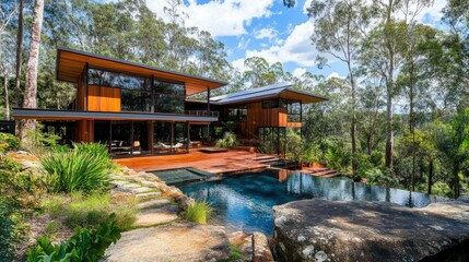 Obraz premium Environmentally responsible house with solar panels and sustainable garden design using native plants and open natural lighting