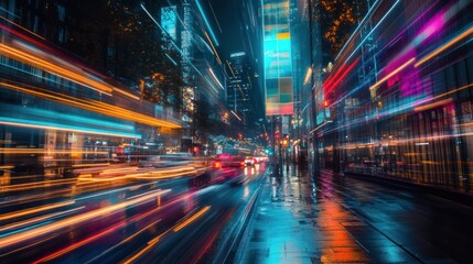 Obraz premium Urban pulse dynamic city lights, motion blur illuminating nocturnal streets