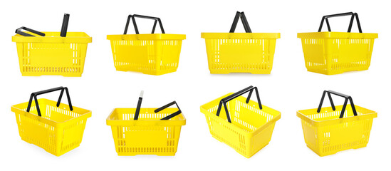 Yellow shopping basket on white background, set. View from different sides