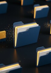 3D Illustration of Blue Folders with Documents against a Dark Background