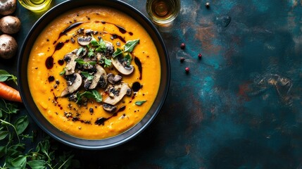 Flat lay of homemade creamy garlic carrot mushroom sauce in pan, golden texture with herbs, clean surface and space for design