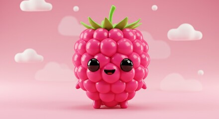 3D Illustration of Cute Raspberry Character with Pink Background and Clouds