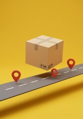 3D Illustration of Delivery Package on Road with Navigation Pins in Yellow