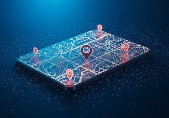 3D Illustration of Digital Map with Location Pins in Blue Tones