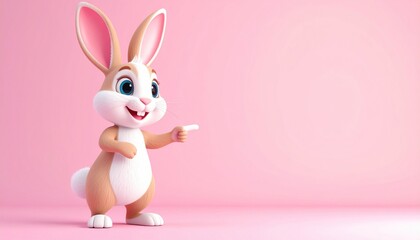 Cute Bunny Pointing Pink Background.