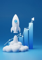 3D Illustration Of Rocket Above Growth Chart Representing Business Success