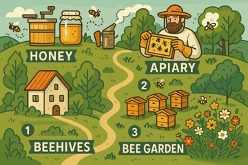 Fototapeta premium Illustrated beekeeping farm map showing apiary, beehives, and garden 