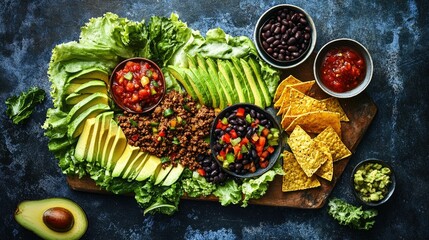 Flat lay of Mexican taco salad with seasoned beef, avocado slices, salsa, black beans and tortilla chips on a romaine lettuce bed