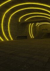 3D Render Abstract Futuristic Tunnel with Neon Yellow Lighting and Dark Interior