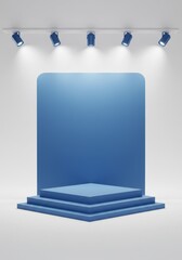 3D Render Blue Stage with Spotlights on White Background for Presentation