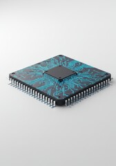 3D Render of a Blue Illuminated Circuit Chip on a Metallic Surface