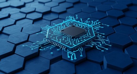 3D Render of a Digital Microchip Circuit Board in Blue Hexagonal Background