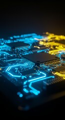 3D Render of a Neon Blue and Yellow Illuminated Circuit Board Abstract Background