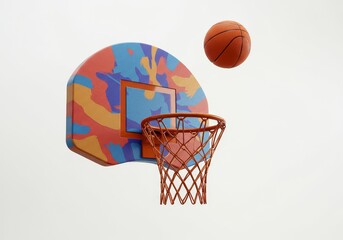 3D Render of a Pixelated Basketball Hoop and Ball on White Background