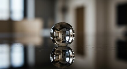 3D Render Of A Reflective Sphere On A Dark Surface With Interior Reflection