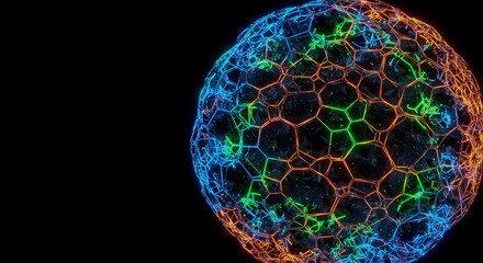 3D Render Of Abstract Sphere With Blue And Orange Glowing Cells On Black