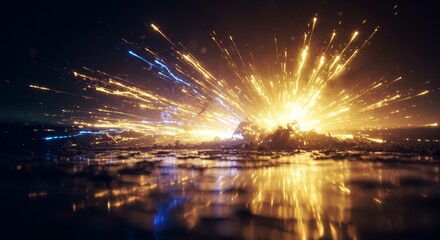 3D Render Of An Explosion With Golden And Blue Sparks In Dark Night Sky